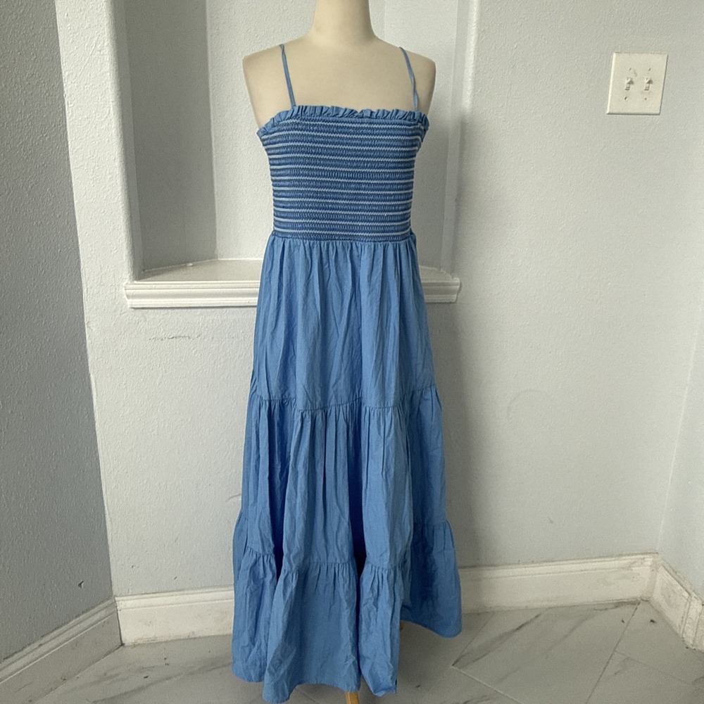 American Eagle Maxi Dress Womens L Smocked Tiered Chambray Coastal Granddaughter - Picture 2 of 14